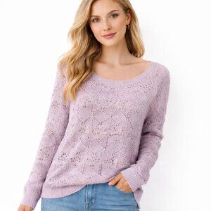 Studio Y Sweater Lavender Pointelle Knit Pullover Bow Keyhole Whimsical Size XL